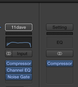 The Inspector sidebar in Logic, showing the Compressor, EQ and Noise Gate applied to Dave's audio (left) with the master Compressor on the right