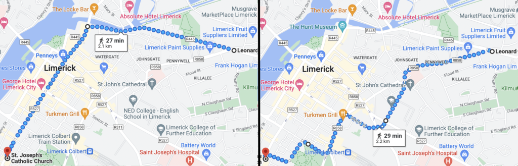 Map showing alternative routes for route 4 in Limerick, with one serving the train station